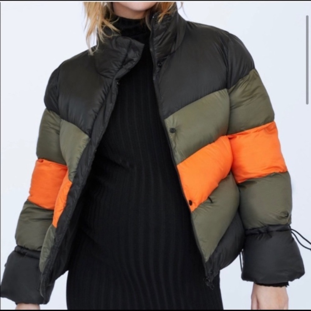 Zara short puffer coat color blocking black orange green quilted size small - Picture 4 of 16